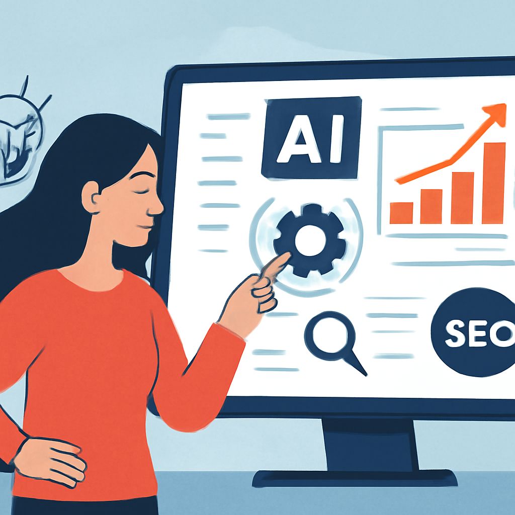 A woman points at a computer screen displaying AI, SEO, a gear icon, and a rising graph.