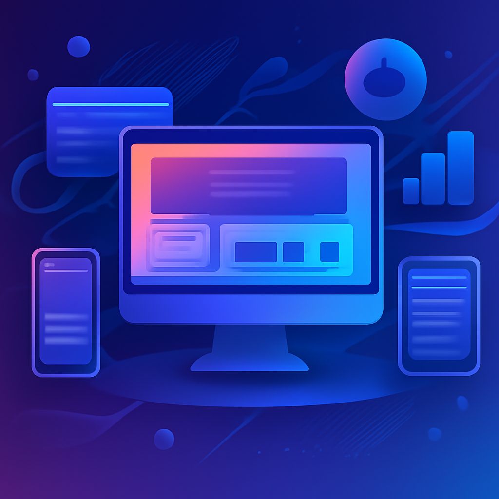 A glowing blue and purple digital interface displays a computer monitor surrounded by mobile devices and graphical eleme