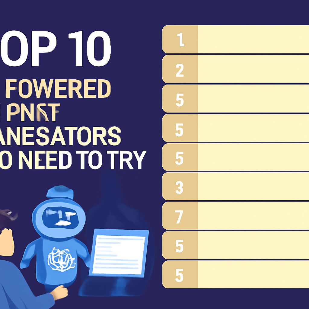 A blue cartoon character holds a document beside a list titled "Top 10 Powered Prompts You Need to Try" on a dark backgr