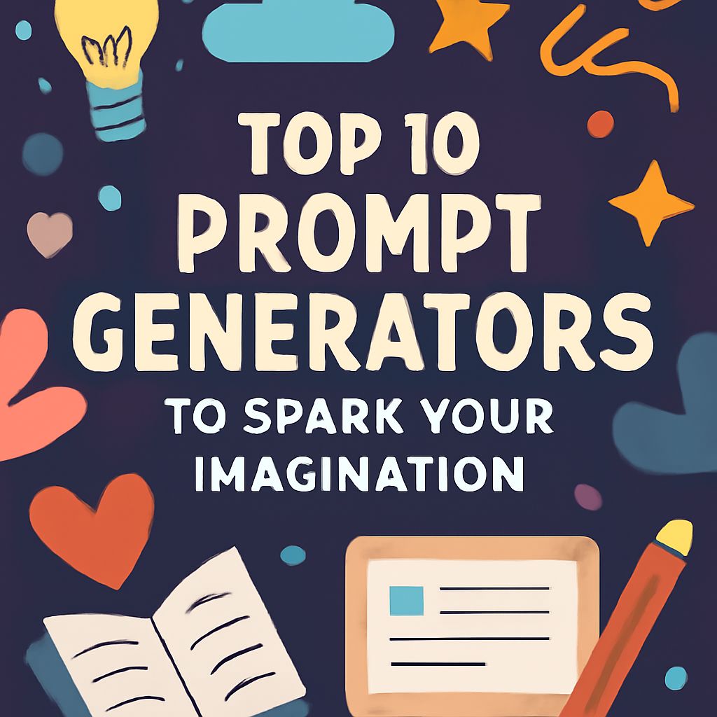Colorful graphic featuring the text "Top 10 Prompt Generators to Spark Your Imagination" with playful doodles and icons.