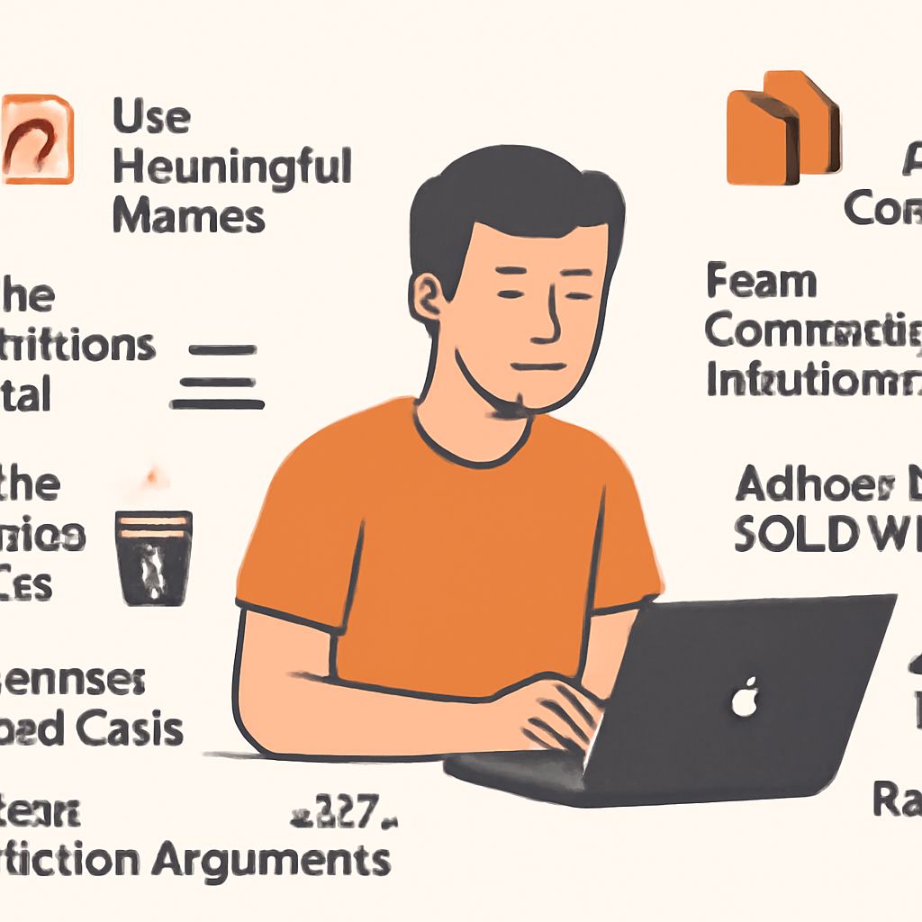 A man in an orange shirt sits at a laptop, surrounded by various notes and diagrams related to communication and argumen