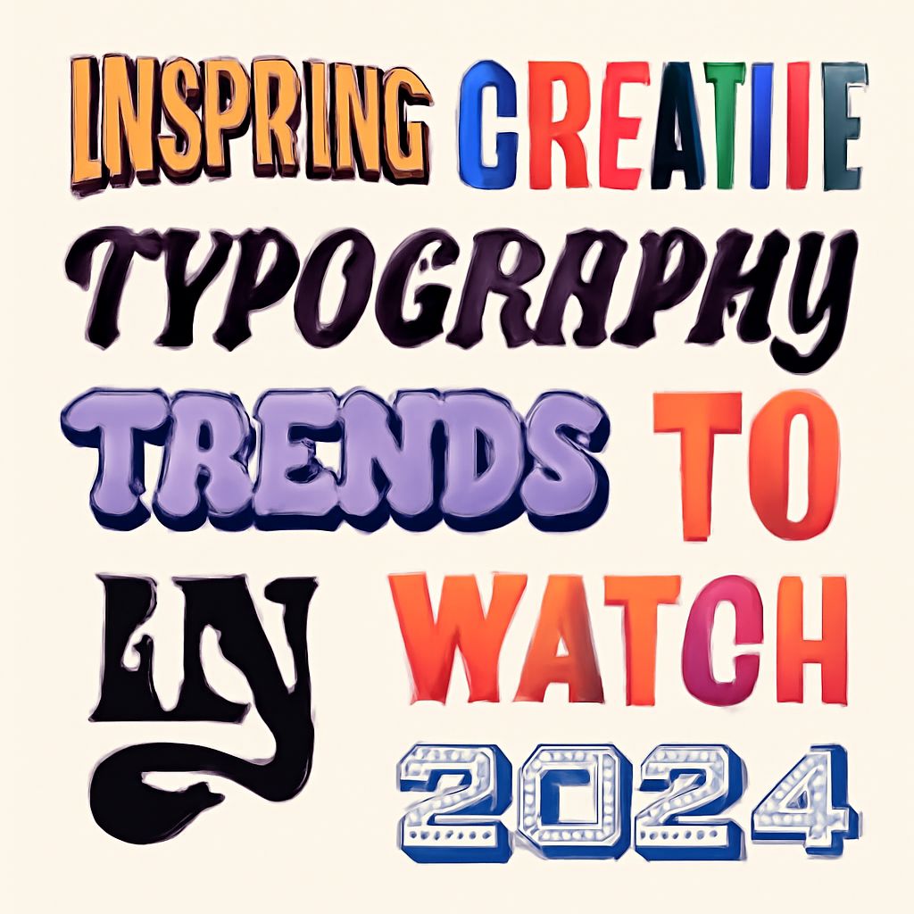Colorful, stylized text highlights "Inspiring Creative Typography Trends to Watch 2024" against a light background.