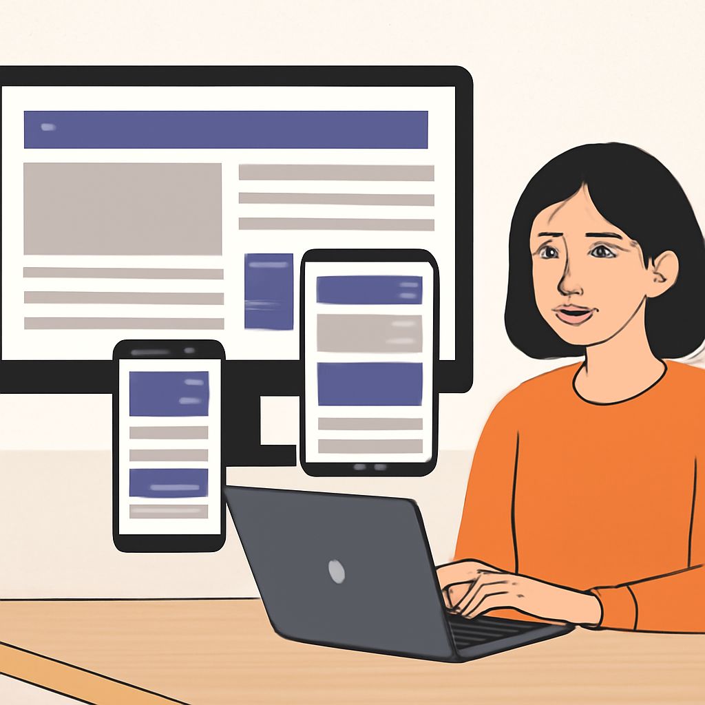 A woman with dark hair sits at a desk, typing on a laptop, surrounded by a large monitor and two smartphones displaying