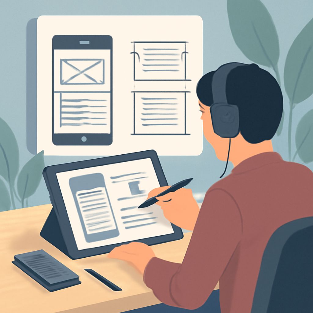 A person wearing headphones sketches on a tablet, with design mockups displayed on a wall behind them.