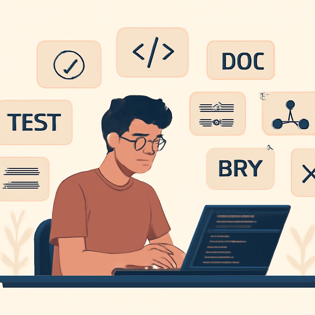 A young man with glasses types on a laptop, surrounded by icons representing coding and documentation tasks.