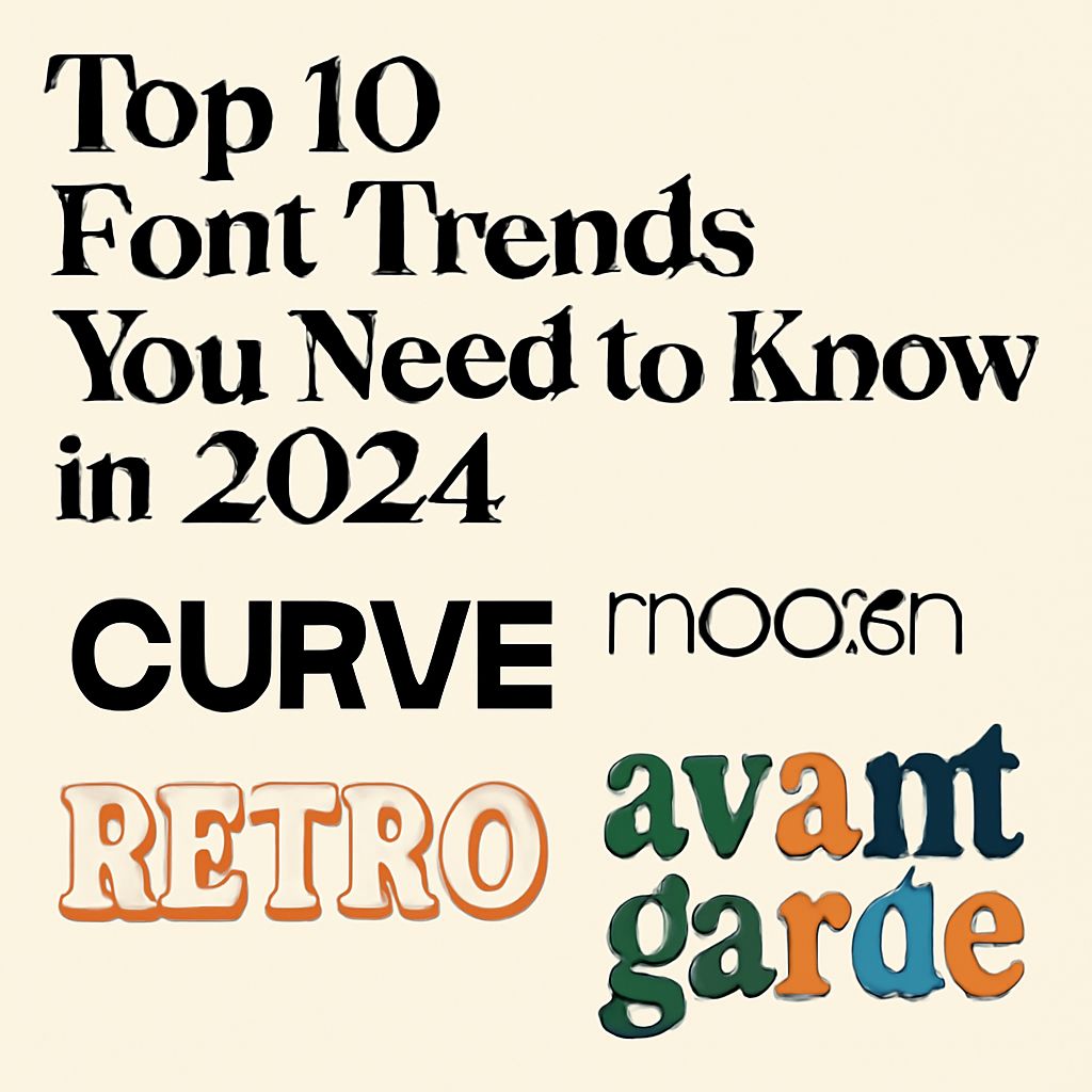 Bold text lists "Top 10 Font Trends You Need to Know in 2024," featuring styles like CURVE, RETRO, and avant-garde in va