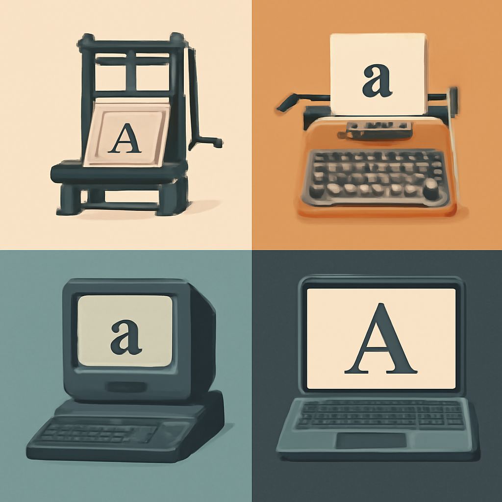 Four quadrants feature a printing press, typewriter, retro computer, and laptop, each displaying the letter "A" in diffe