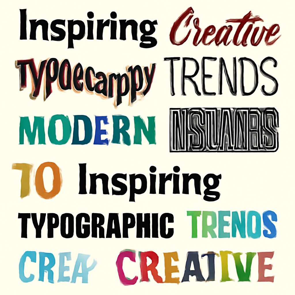 Colorful typography featuring words like "Inspiring," "Creative," and "Modern," arranged in various artistic styles.