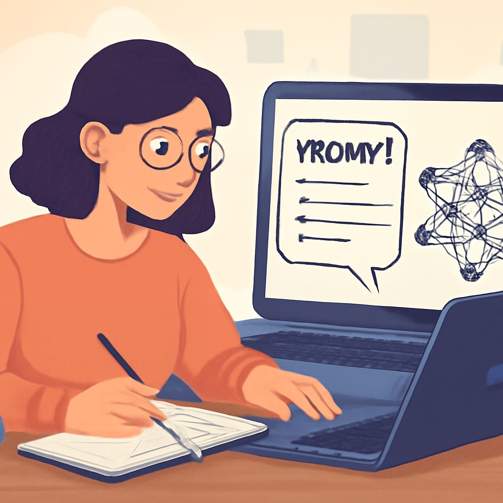 A woman with glasses writes in a notebook while looking at a laptop displaying a diagram and the text "YROMY!