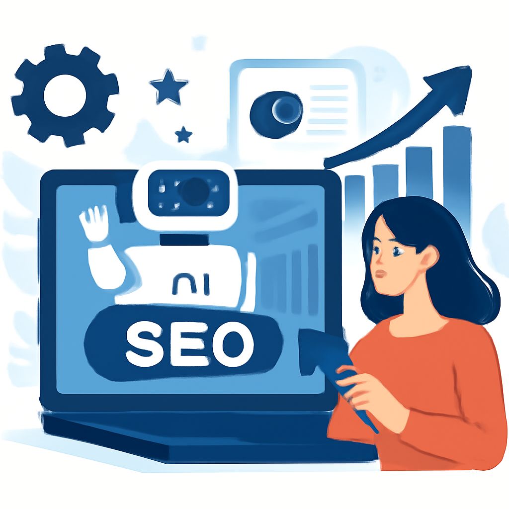 A woman in an orange sweater holds a remote while looking at a computer screen displaying an SEO robot and graphs.