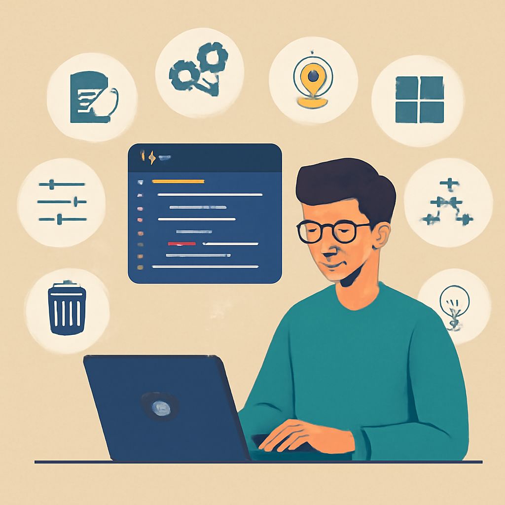 A young man in a teal sweater types on a laptop, surrounded by icons representing various digital tools and concepts.