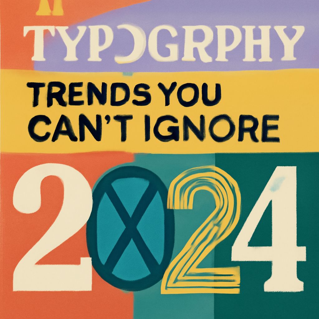 Colorful graphic featuring the text "Typography Trends You Can't Ignore 2024" in various bold fonts and colors.
