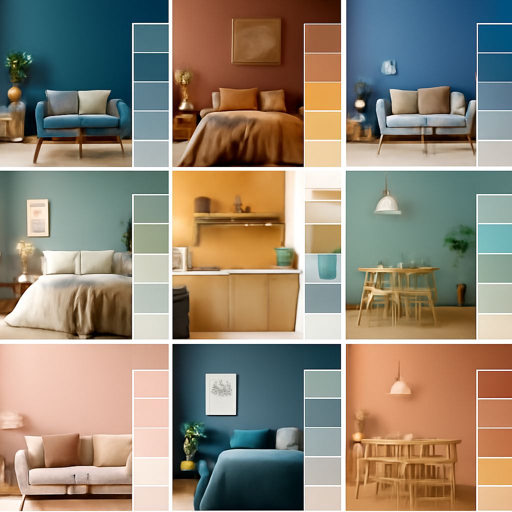 A grid of styled rooms showcases various color palettes with blue, brown, and pastel walls, furniture, and decor.