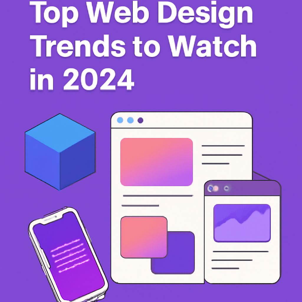 Colorful graphic featuring a smartphone and tablet displaying web design elements, with a blue cube and purple backgroun