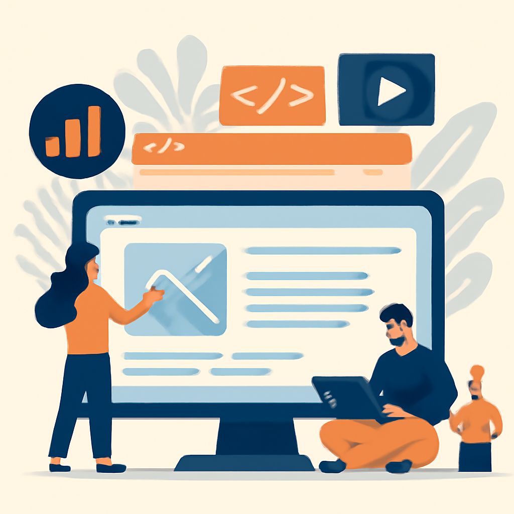 A woman points at a computer screen displaying graphs and code, while a man sits nearby using a laptop.