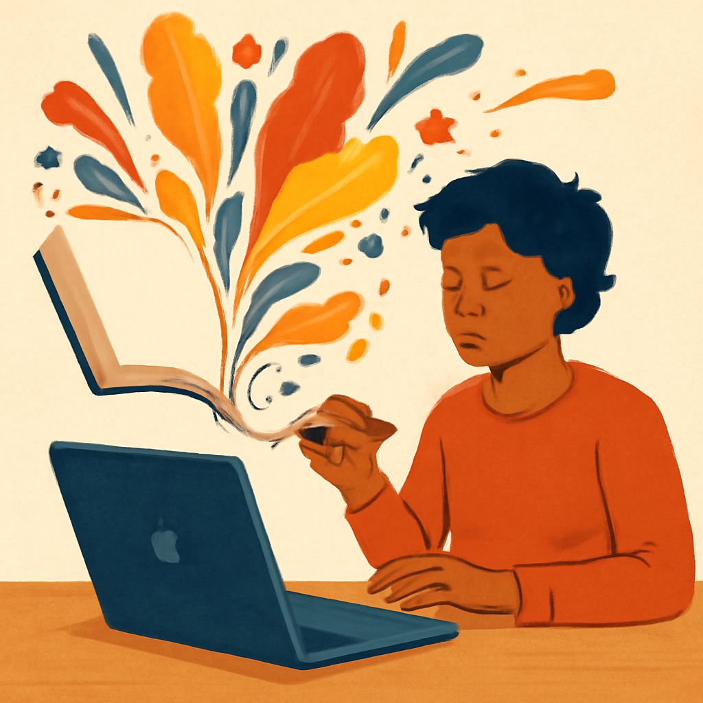 A young person with curly hair sits at a desk, writing thoughtfully as colorful splashes emerge from an open book.