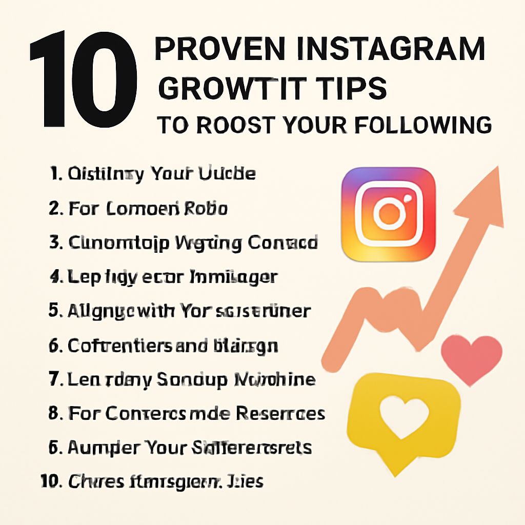 Ten tips for growing your Instagram following are listed on a cream background, featuring the Instagram logo and colorfu