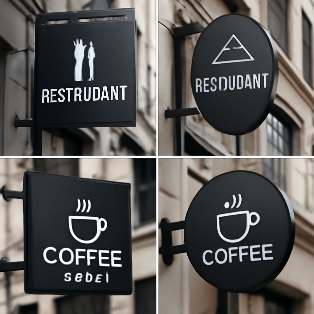 Black signs display the words "RESTRUDANT" and "COFFEE" alongside simple graphic icons of a person and a coffee cup.