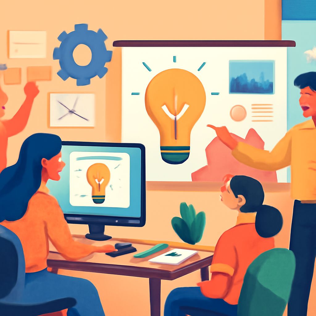 A team discusses ideas in a bright office, with a light bulb graphic on a screen and a person gesturing enthusiastically