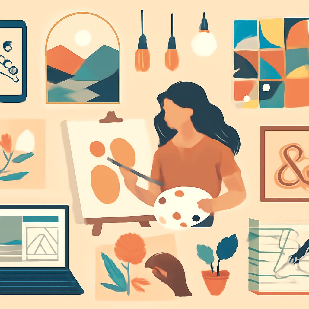 A woman paints on a canvas surrounded by colorful artwork, a laptop, and decorative plants in a creative workspace.