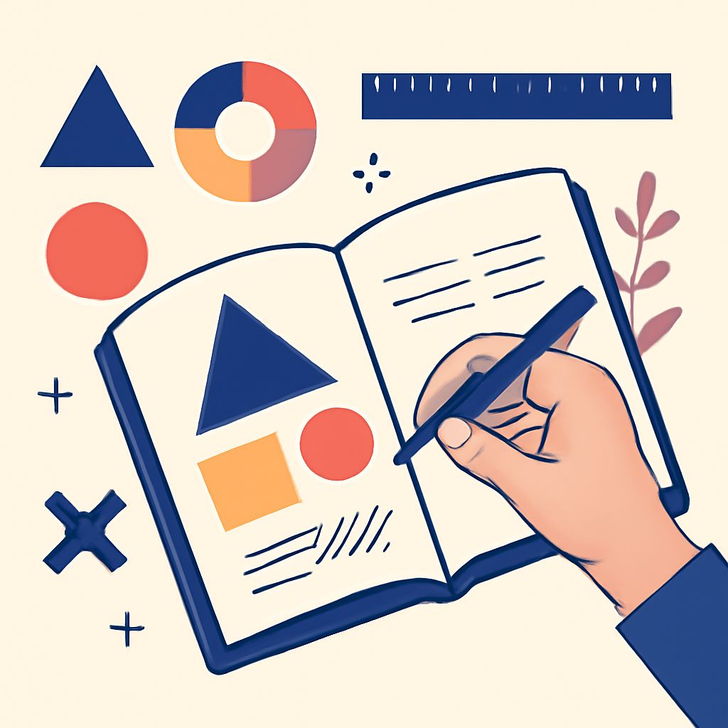 A hand holds a pen above an open notebook filled with geometric shapes and notes, surrounded by colorful design elements