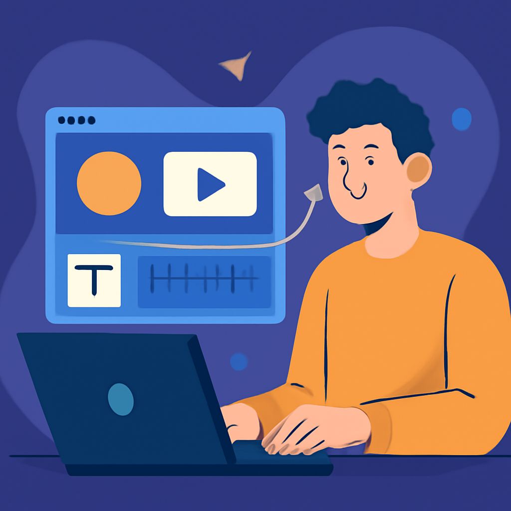 A young man with curly dark hair smiles while working on a laptop, with colorful icons on a screen in the background.