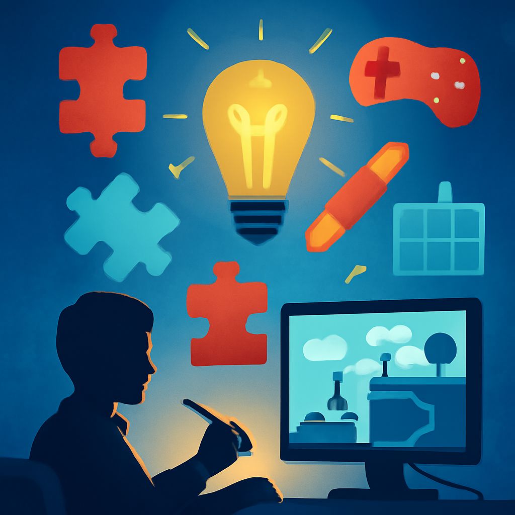 A silhouette of a person drawing at a computer, surrounded by colorful icons representing creativity and gaming.