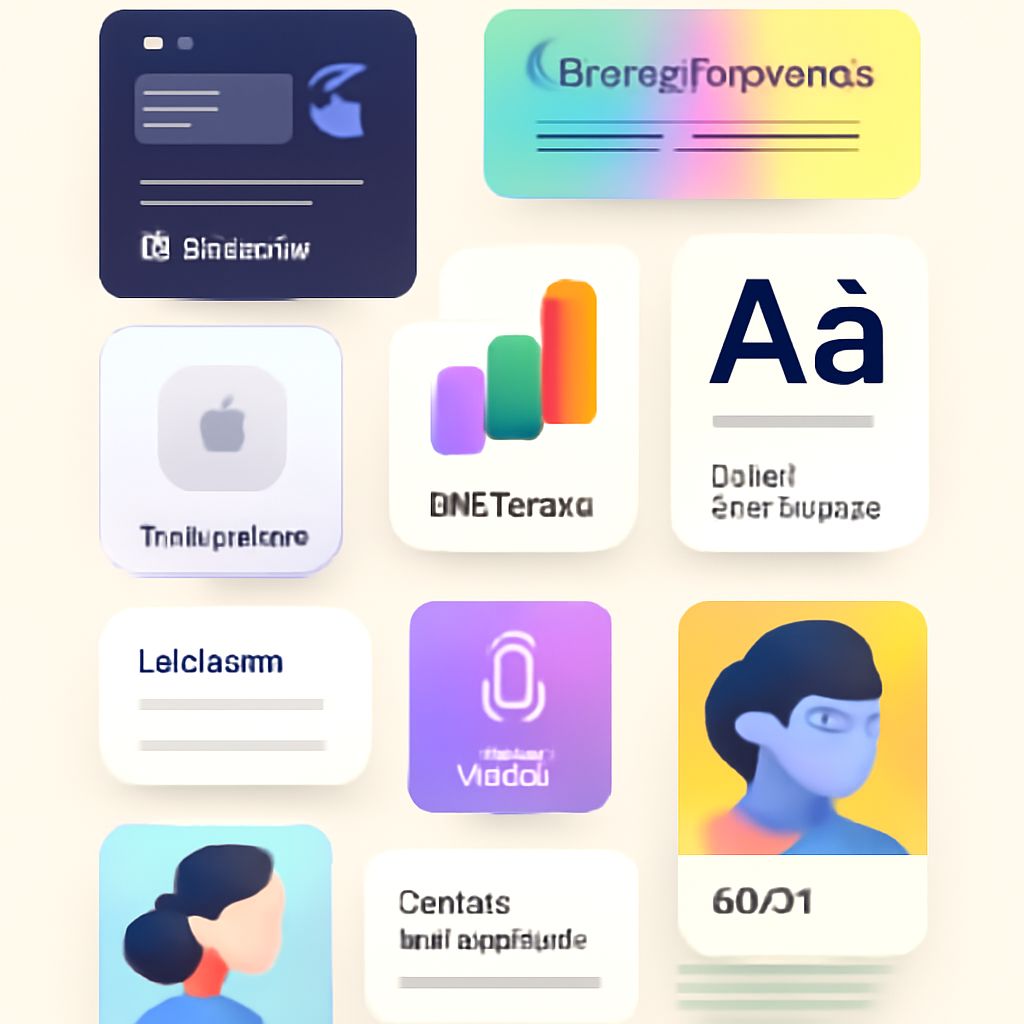 Colorful app icons and text boxes display various labels and graphics on a light background, showcasing digital design e