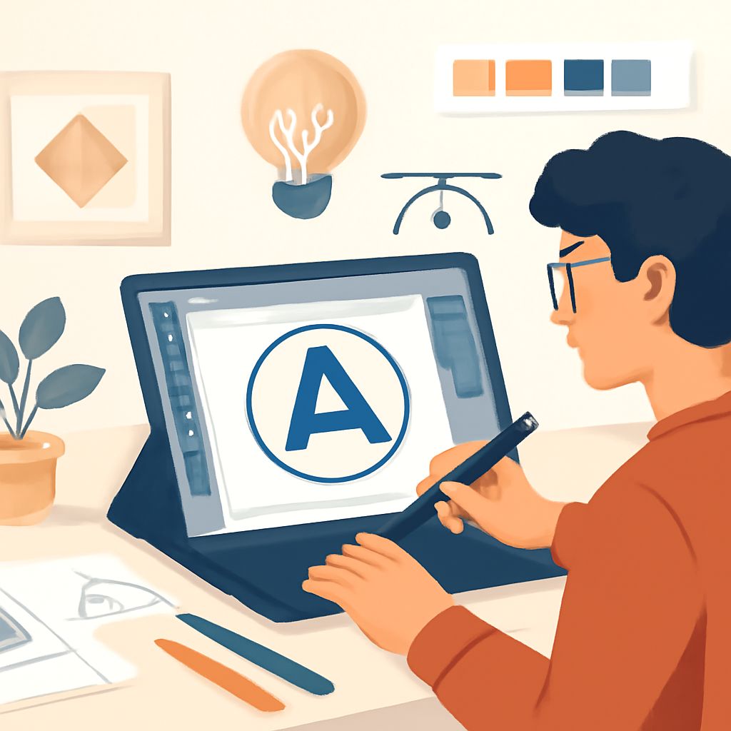 A person with glasses is digitally drawing a large letter "A" on a tablet, surrounded by design tools and plants.