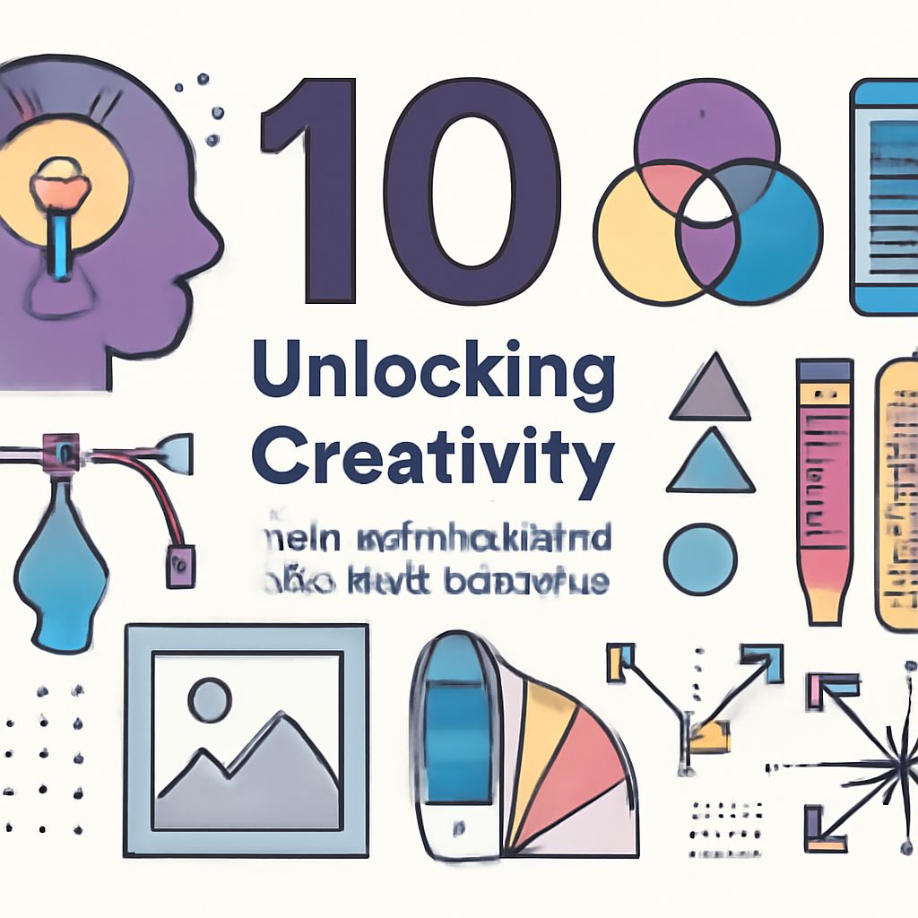 Colorful illustrations of creative concepts surround the text "10 Unlocking Creativity," featuring shapes and tools.