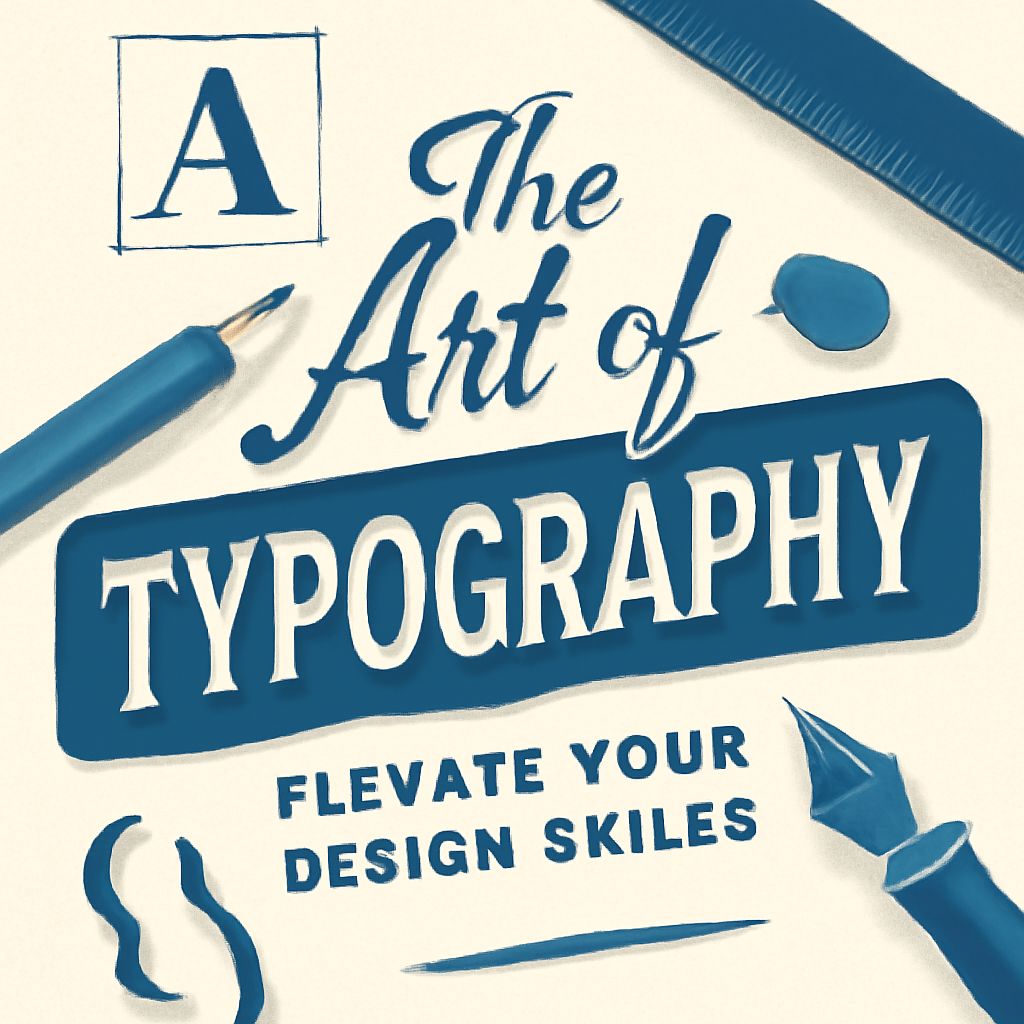 A light beige background features the title "The Art of Typography" in bold blue letters, surrounded by design tools.