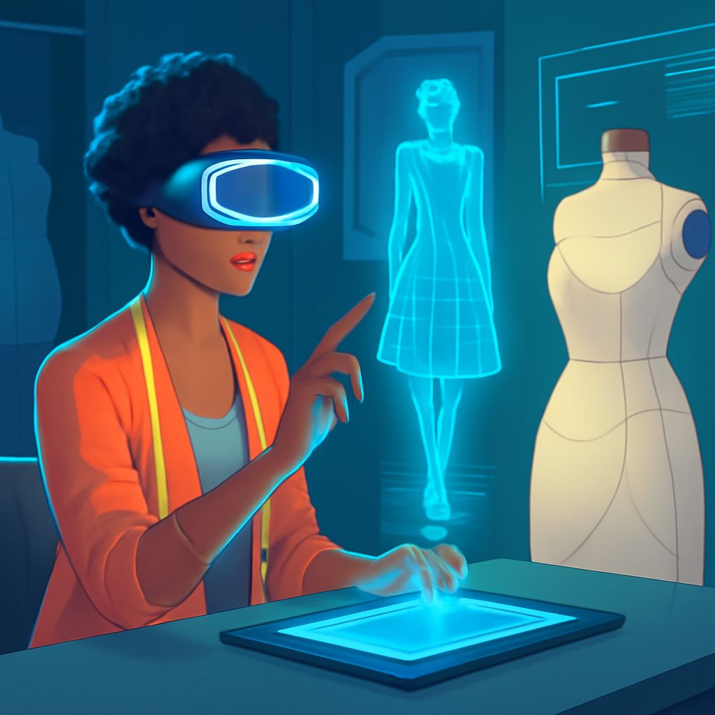 A woman wearing a virtual reality headset interacts with a glowing tablet, while a holographic dress design is projected