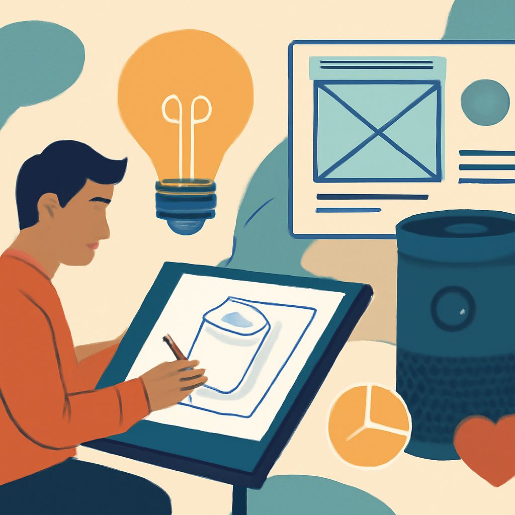 A person sketches a design on a tablet, surrounded by a light bulb, charts, and a smart speaker.