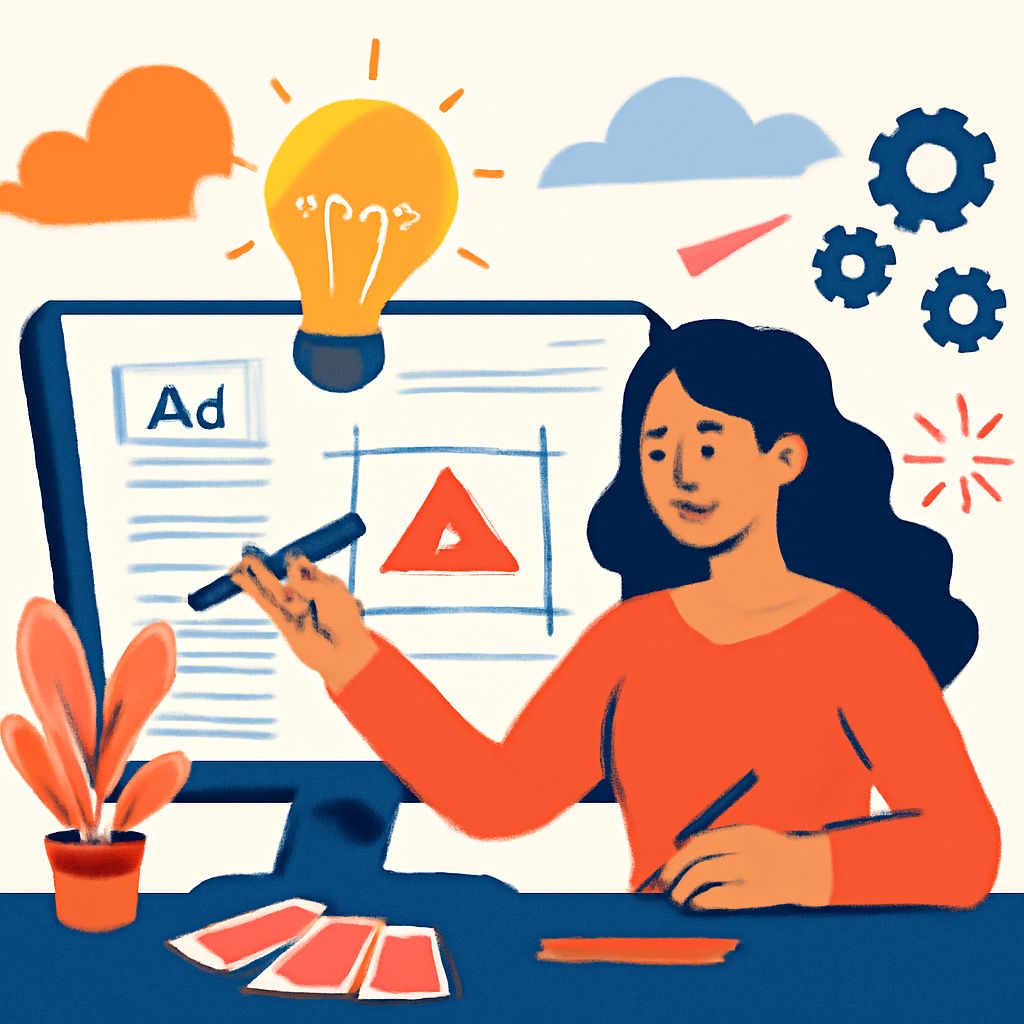 A woman in an orange sweater sketches on a tablet while a computer screen displays an advertisement design with a triang