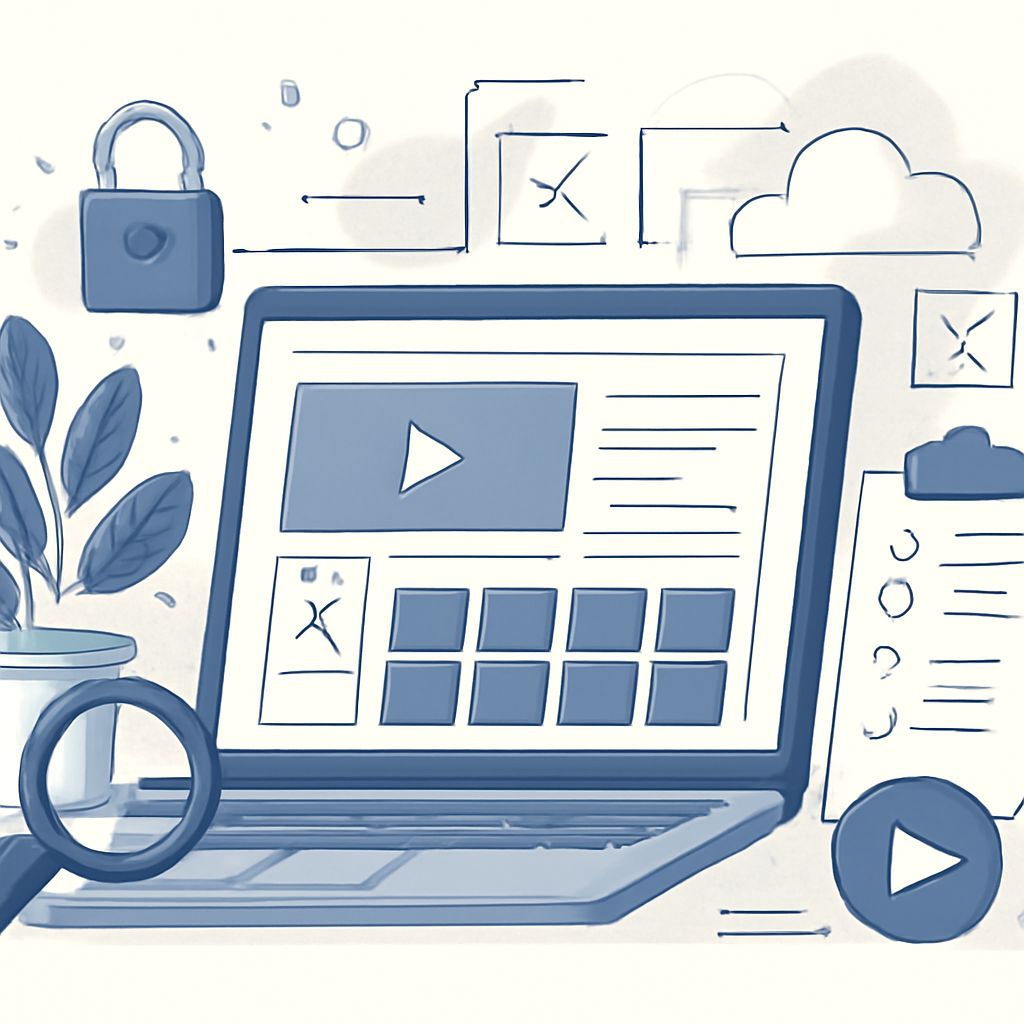 A blue-toned illustration of a laptop displaying a video interface, surrounded by a plant, clipboard, and security icons