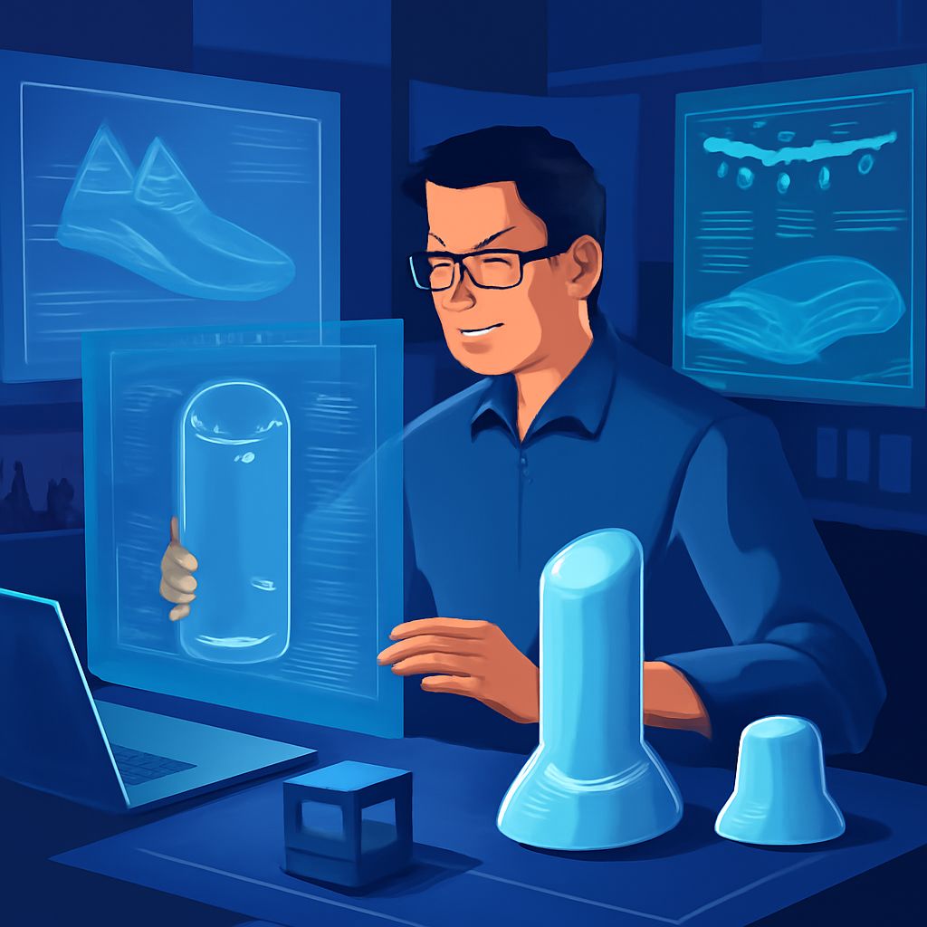 A man in glasses examines a holographic display of a cylindrical object, surrounded by digital images of shoes and cloth