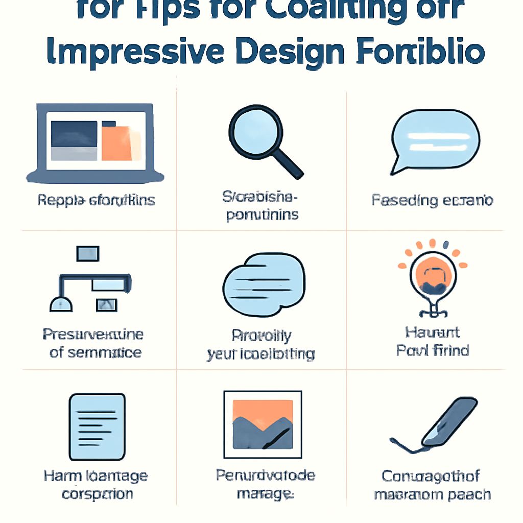 Graphic featuring tips for creating an impressive design portfolio, with icons and text in a grid layout.