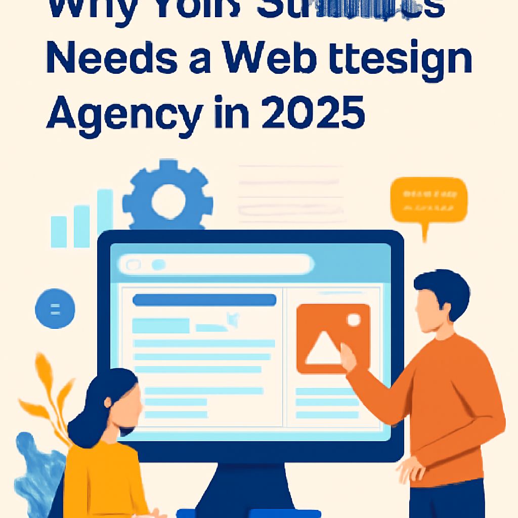 A man and woman discuss web design strategies in front of a computer displaying a webpage, with graphics and icons aroun