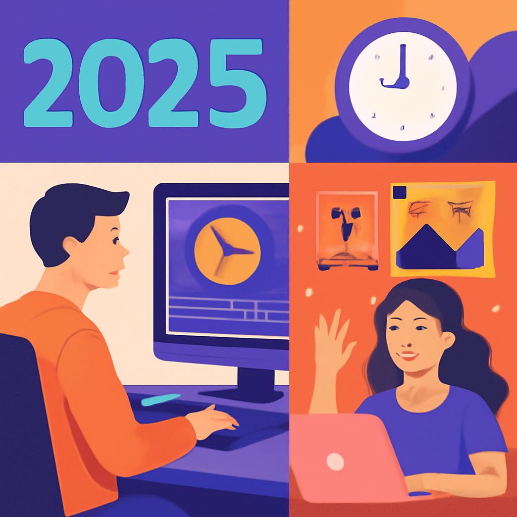 A man works on a computer while a woman waves from her laptop, with a clock and various images in the background, labele