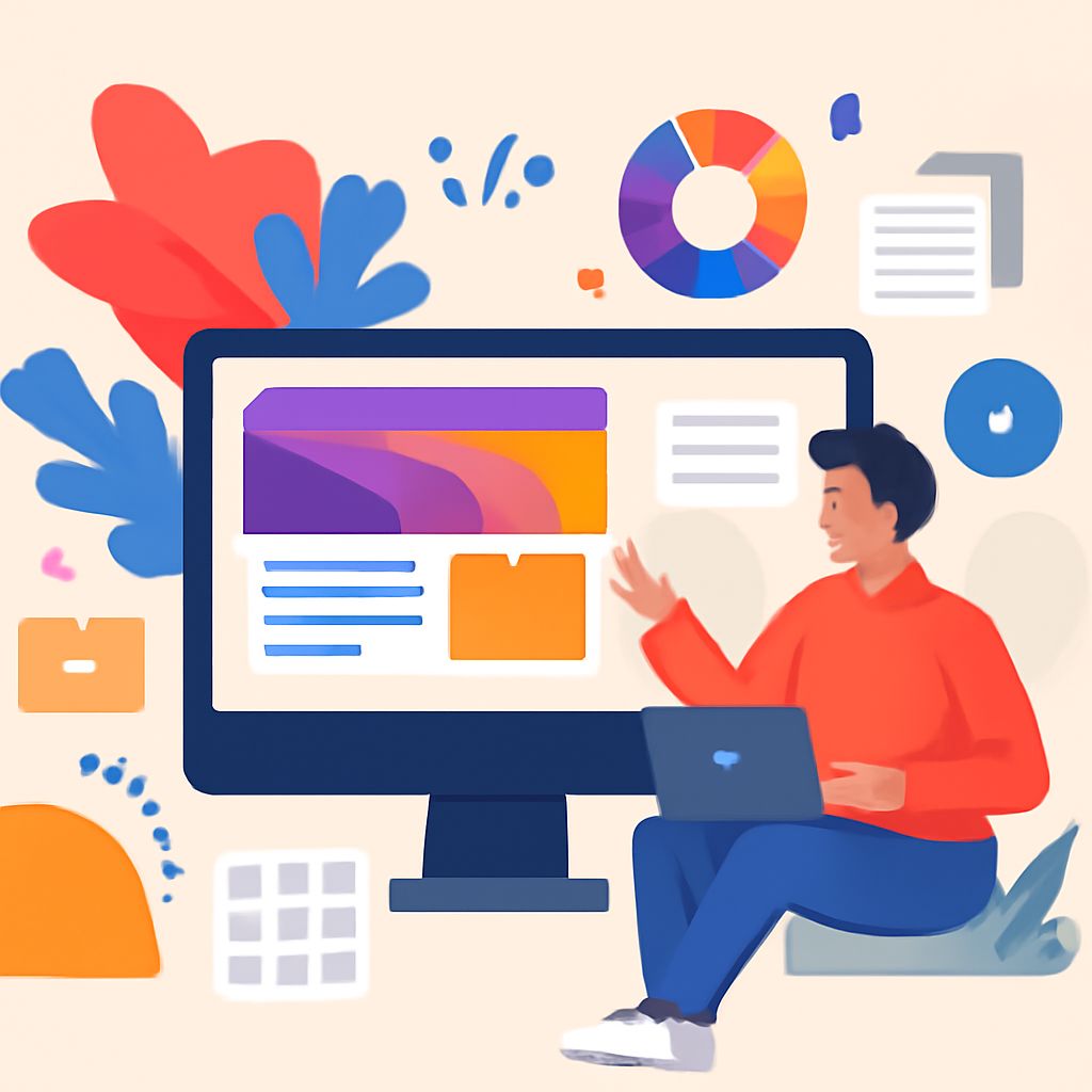 A person in a red sweater sits with a laptop, gesturing towards a colorful computer screen displaying design elements.