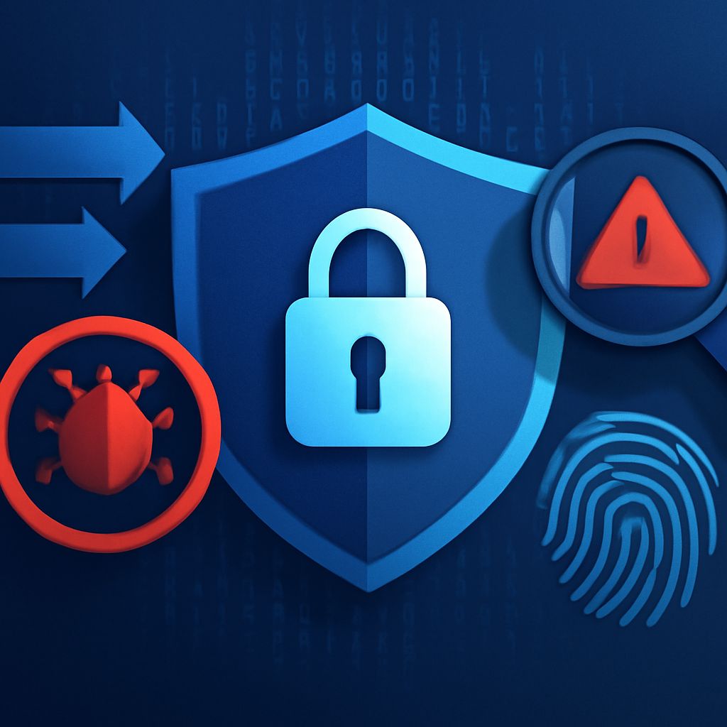 A blue shield with a white padlock, surrounded by red warning symbols and a fingerprint, set against a dark digital back