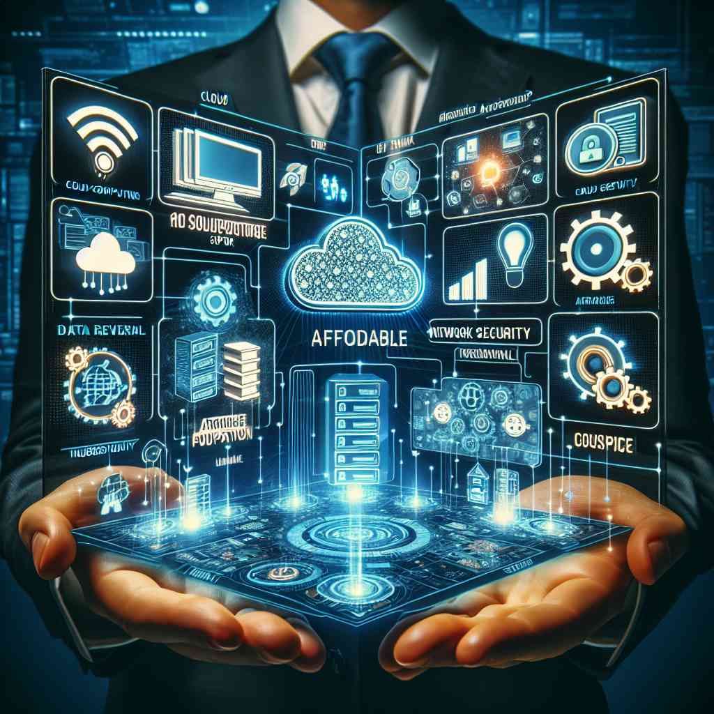 A businessman in a suit holds a holographic display showcasing various IT support services and technologies.