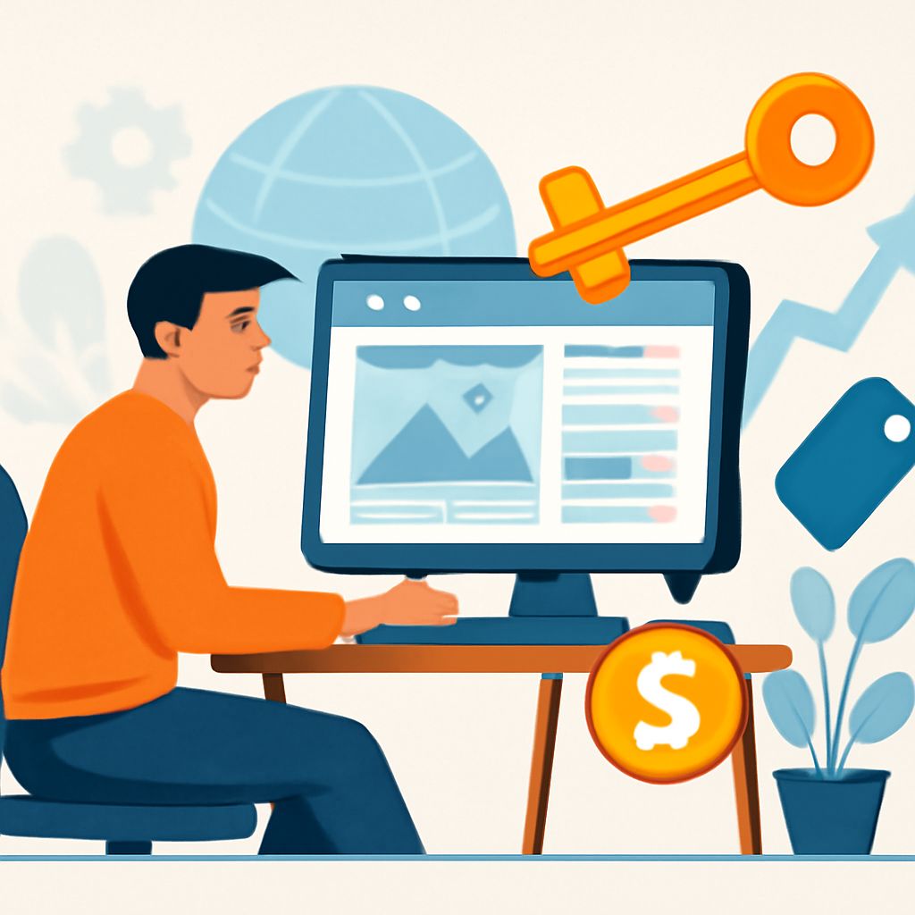 A person in an orange sweater works on a computer displaying a web design, with icons of a key and a dollar sign nearby.
