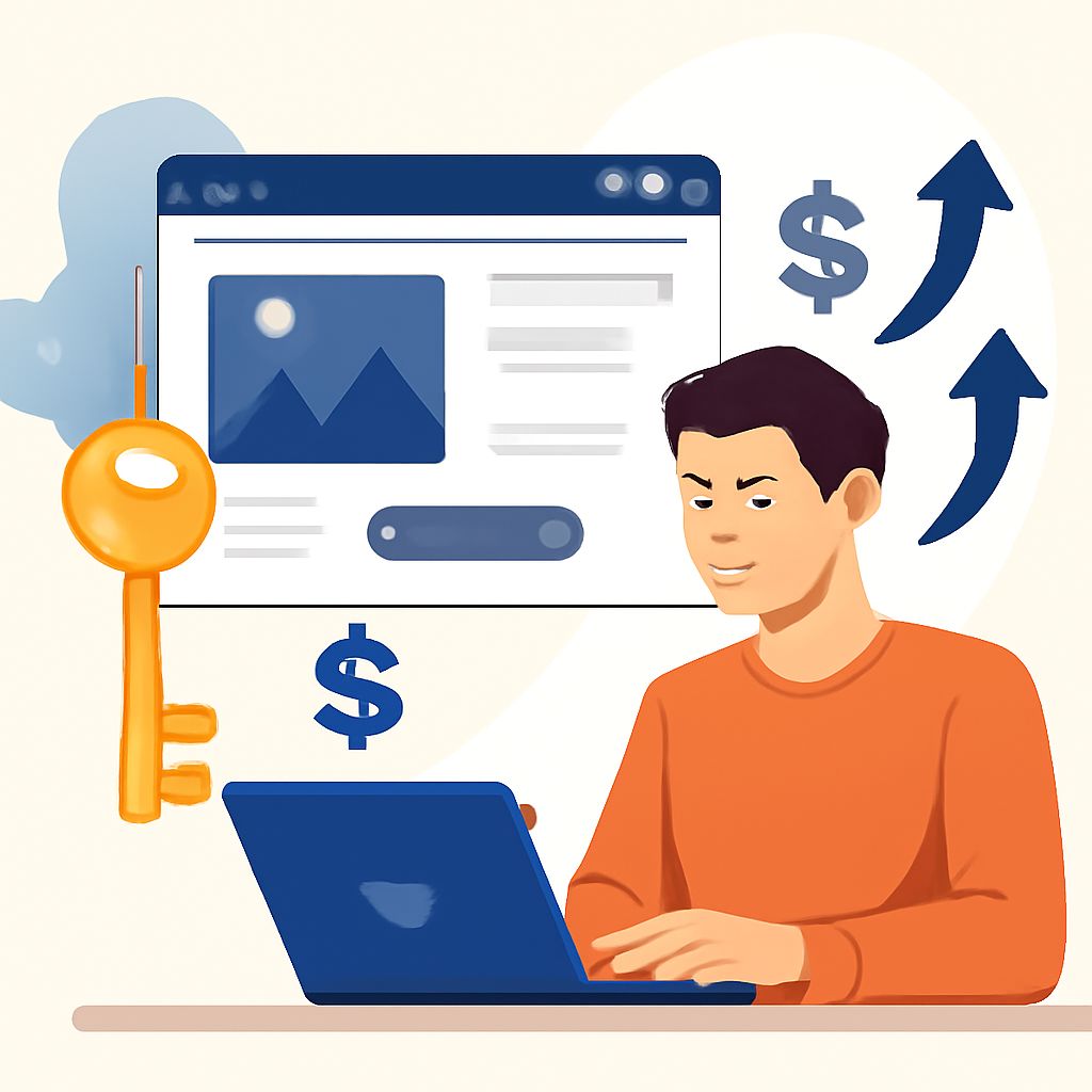 A man in an orange sweater works on a laptop, analyzing a web design with dollar signs and upward arrows in the backgrou