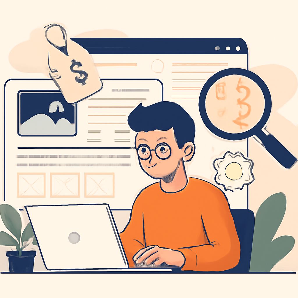 A young man in an orange shirt works on a laptop, surrounded by design elements and a price tag icon.