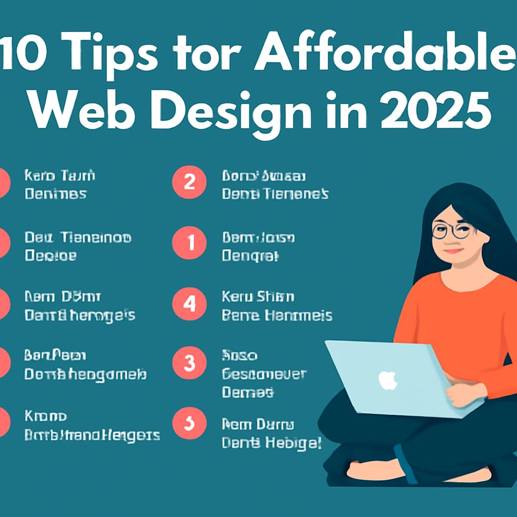 A woman with glasses sits cross-legged, working on a laptop, beside a list of ten tips for affordable web design.