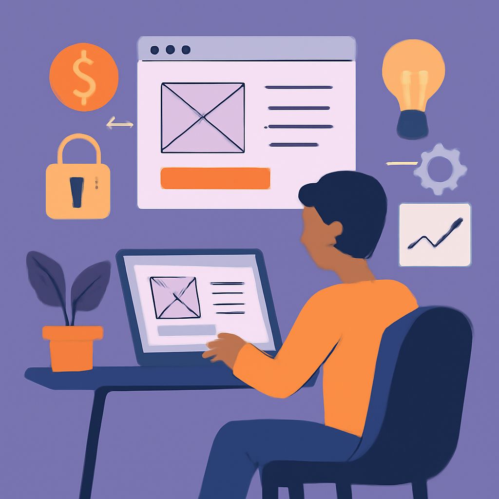 A person with dark hair sits at a desk, using a laptop surrounded by icons representing design, security, and finance.