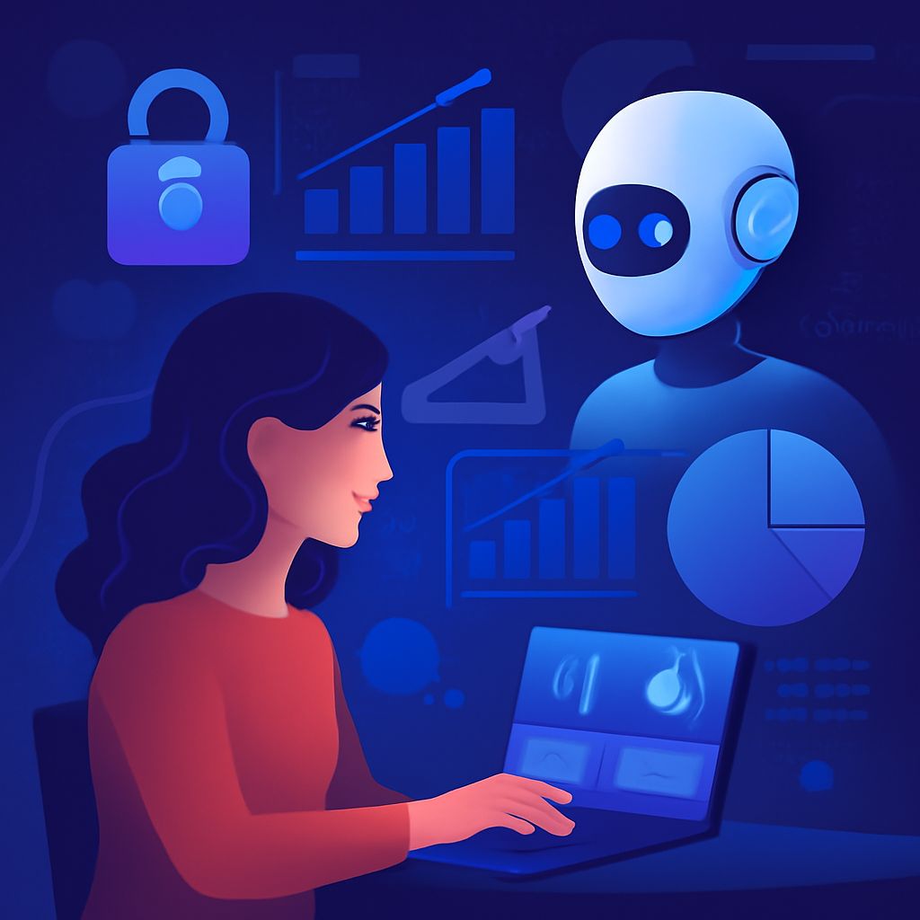 A woman with dark hair works on a laptop, engaging with a friendly robot amidst blue-toned data visualizations.