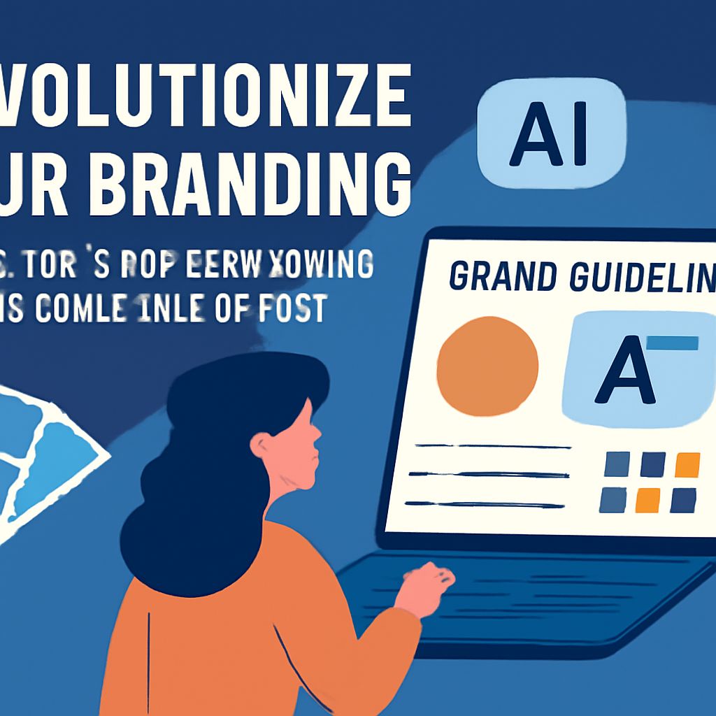 A person with dark hair sits at a laptop displaying colorful branding guidelines and the text "Revolutionize Your Brandi
