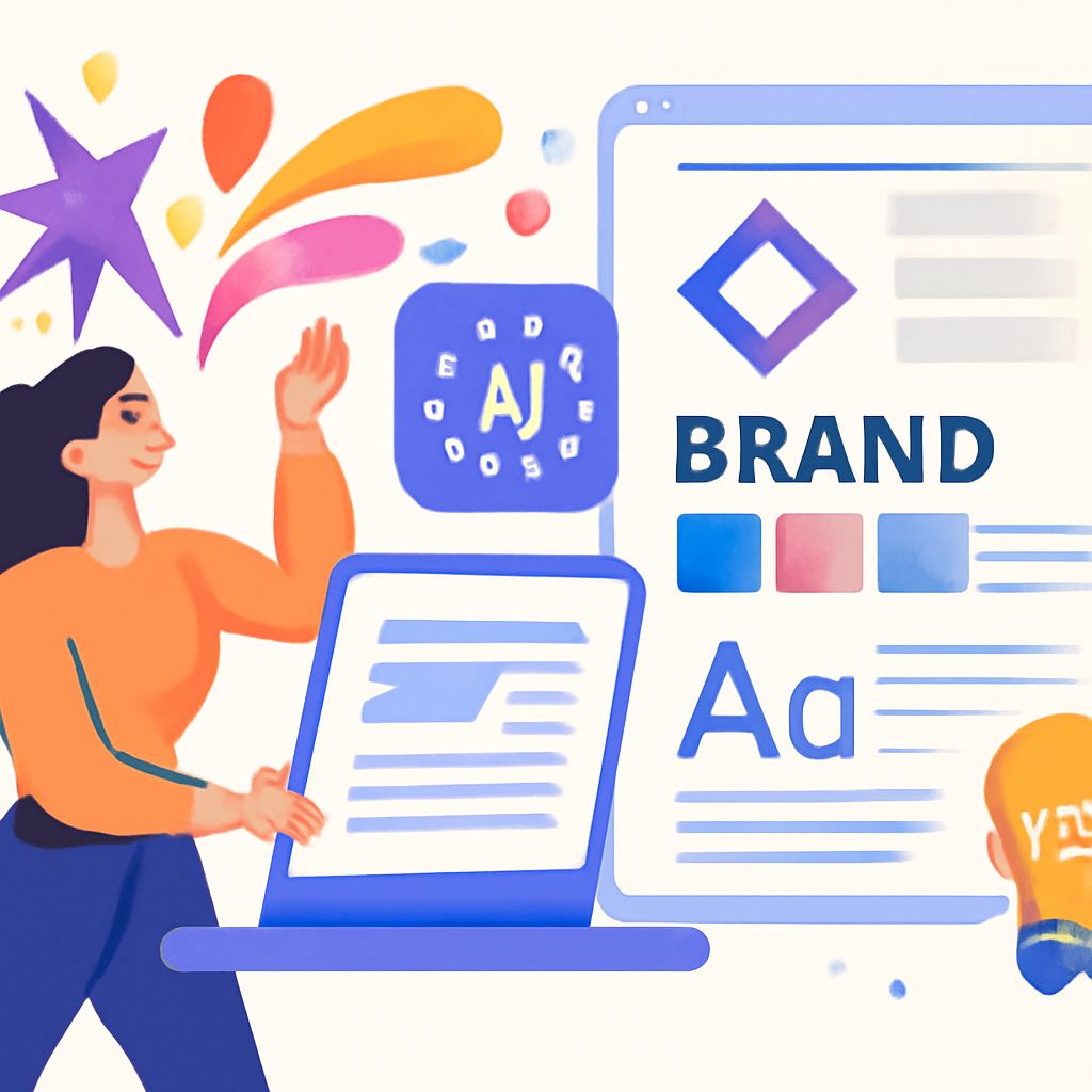 A woman in an orange top gestures towards a colorful digital display showcasing branding elements and typography.